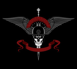 Vector image of a skull in a roman helmet with a sword, wings, ribbon. Image on black background.
