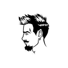 Vector bearded men face profile hipster head with haircuts, mustaches and beards. For Silhouettes or avatars, emblems and icons, labels