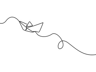 Continuous line drawing paper boat. Vector illustration.