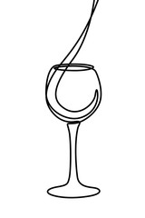 One line liquid is poured into a glass. Continuous line wineglass. Vector illustration.