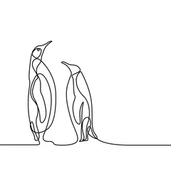 Poster Im Rahmen Continuous line drawing two penguins stand opposite each other. Love concept. © Askha