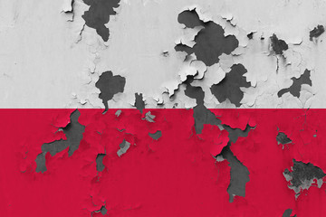 Close up grungy, damaged and weathered Poland flag on wall peeling off paint to see inside surface.