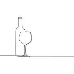 Continuous line winebottle with wineglass. Vector illustration.