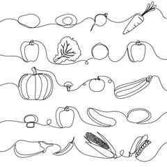 Continuous line set of vegetables, design elements for grocery. Vegetable theme. Vector illustration.