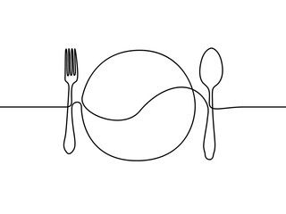 Continuous line plate, spoon and fork. Vector illustration.