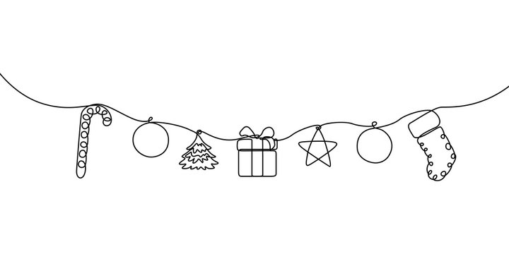Continuous line hanging candy, ball, christmas tree, gift box, star and sock. Merry Christmas and Happy New Year theme. Vector illustration.