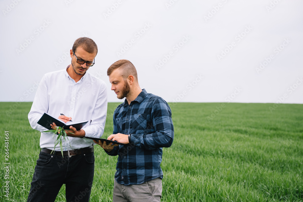 Wall mural Two farmer standing in a green wheat field and shake hands.