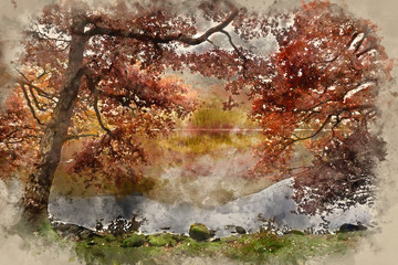 watercolor painting of Beautiful Autumn Fall landscape image of Lake Buttermere in Lake District England