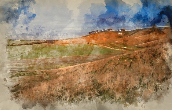 Watercolor painting of Ancient chalk white horse in landscape at Cherhill Wiltshire England during Autumn evening