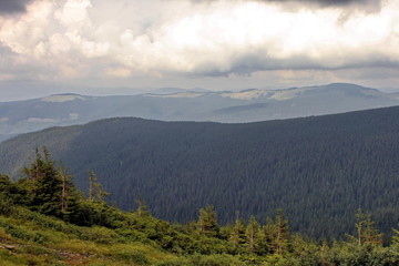 Clouds and fog over Carpathian mountains
