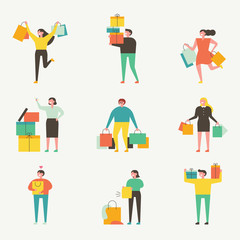 Customers with lots of shopping bags and shopping boxes. flat design style minimal vector illustration
