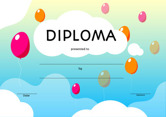 Colorful kids diploma with bright ballons and white clouds on blue sky. Vector certificate template in cartoon style.