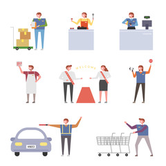 Obraz na płótnie Canvas Employees working in various parts of the market. flat design style minimal vector illustration