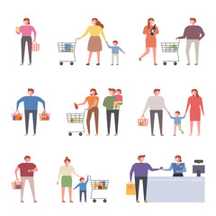 Various people who buy things on the market. flat design style minimal vector illustration