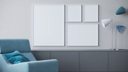 empty room with frames and sofa 3d render