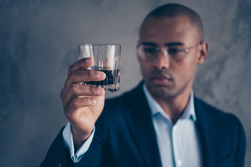 Close up photo of intelligent wealthy vip person people billionaire rest relax beverage look estimate short hair bald serious feel focused concentrated modern jackets isolated dark background   