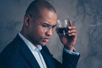 Close up portrait sad gentleman boss eyeglasses eyewear manager worried trouble pressure fever migraine disease fatigue short hair bald disappointed trendy jacket beverage isolated grey background