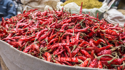 Closeup Dry red chili bag on the indian market