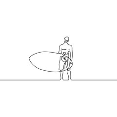 Continuous line guy stand up with paddleboard or surfboard. Vector illustration.