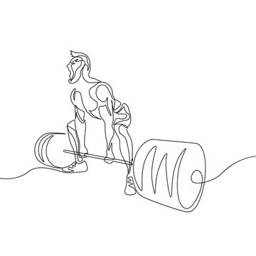 Continuous one line drawing bodybuilder perform deadlift. Powerlifting, sport theme.