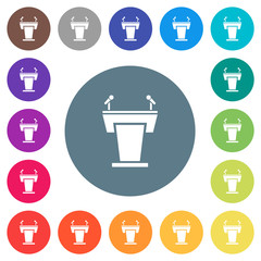 Conference podium with microphones flat white icons on round color backgrounds