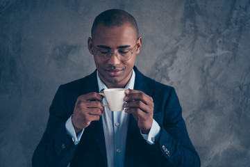 Close up photo of attractive cute gentleman macho manager short hair bald feel satisfied delighted...