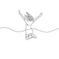 Continuous one line drawing happy jumping girl