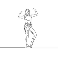 Continuous one line drawing standing girl show biceps