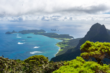 Fototapeta na wymiar Beautiful view from the summit of Mount Gower (875 meters above sea level), highest point on Lord Howe Island, a pacific subtropical island in the Tasman Sea, belonging to New South Wales, Australia.