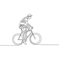 Fototapeta na wymiar Continuous one line drawing man in a cap riding a bicycle