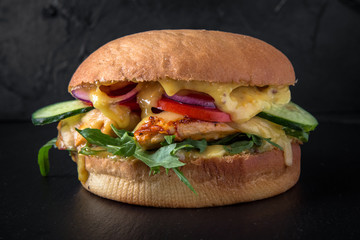 Juicy fresh delicious hamburger with grilled chicken or turkey fillet. The burger menu.