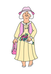Cartoon portrait of grandmother in a yellow dress, pink vest and hat with a purse and a bouquet of roses isolated on white background. Happy old lady on a walk. Active senior woman. Grandma going out.