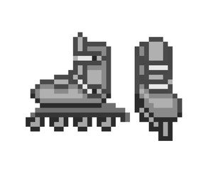 Fototapeta premium Pair of black inline roller skates, pixel art icon isolated on white background. Sport equipment. Retro 80s,90s video game graphics. Old school 8 bit slot machine symbol. Outdoor fitness activity.