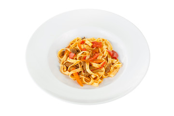 Pasta, noodles with beef meat and vegetables isolated white