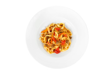 Pasta, noodles with beef meat and vegetables isolated white