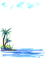 sketch illustration of a green island with lush bushes and palm trees in blue sea waters.Under a light cumulus clouds.Hand-drawn watercolor illustration