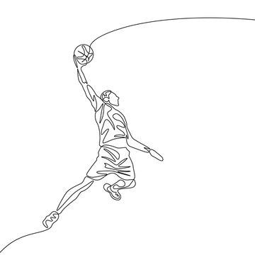 Continuous one line drawing basketball player jumps doing slam dunk