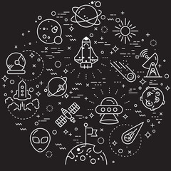 Simple Set of Space and Planet Related Vector Line Illustration. Contains such Icons as moon, Satellite Laser, artificial satellite and more. Modern style line drawing and background color black. 