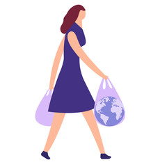 Save the planet. Earth pollution is plastic waste. The problem of ecology. Zero waste. Planet earth in a plastic bag. Vector illustration. Young woman holding reusable grocery bag. Zero waste concept