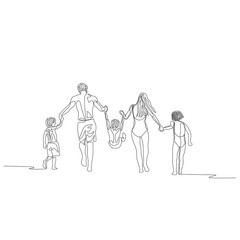 One line happy family walking holding the hands on the beach and swinging son