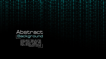 Vector streaming blue binary code on black background. Design for wallpaper, cover, poster, banners, website backgrounds, advertising and presentation slides
