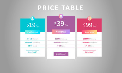 Colorful three tariffs for cloud service, interface for the site