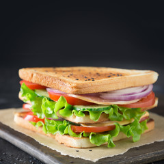 Sandwich with bacon,tomato, onion, salad on black background.