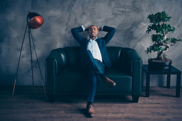 Portrait of his he nice classy attractive content dreamy guy wearing jacket executive manager...