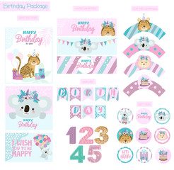 Birthday party package collection with fun animals. Festive set of labels, wrappers, flags, numbers and cards. Editable vector illustration