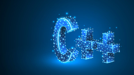 C plus coding language sign. Device, programming, developing concept. Abstract, digital, wireframe, low poly mesh, Raster blue neon 3d illustration. Triangle, line, dot, star