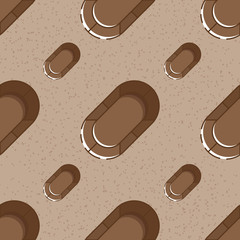 Cute seamless pattern with round chocolate sweets. Brown noisy textured background. Flat linear style illustration. Vector.