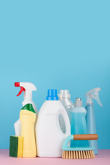 Cleaning products and tools set for different housework. Bathroom, kitchen, office house cleaning service equipment.