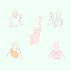 Set of Girls taking various hand gestures. hand drawn style vector doodle design illustrations.