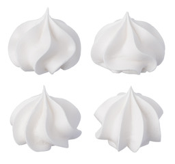 White meringue cookies set isolated. Sweet crispy twisted cooked meringue collection.